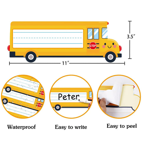 Illustration of School Bus Themed Desk Name Tags Set with 36 Self Adhesive Name Plates for Classrooms showing writing and peeling features.