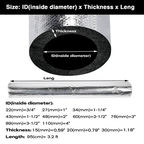 Diagram showing dimensions of Pre-Slit Foam Pipe Insulation Wrap For Outdoor Spigots And Sprinkler Lines, Neoprene Foam Tube With Aluminum Foil Shield, Weatherproof Freeze Protection For Winter And Sun, 3/4 Inch X 0.59 Inch X 3 Foot