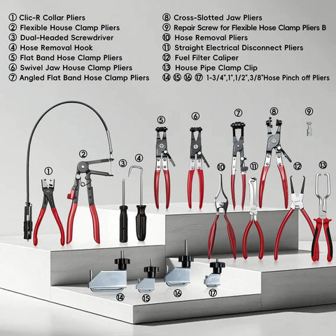 17-Piece Hose Clamp Pliers Set Go-To Long Reach Pliers For Auto Repair And Automotive Fuel Oil Coolant Radiator Hoses displayed