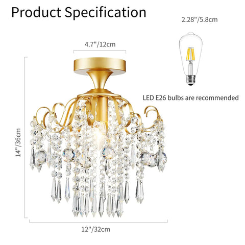 Small Crystal Ceiling Light Fixture Semi Flush Mount Chandelier For Dining Room Hallway Bedroom Bathroom Kitchen Gold Finish Bulb Not Included
