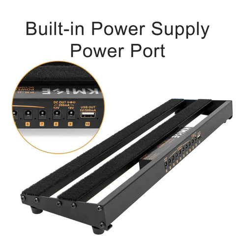 Close-up of power ports on Gig-Ready Aluminum Guitar Pedalboard With Built-In Power Supply, Ultra Lightweight 1.8lb, 19x5 Inch Black