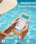 Person using IPX8 Waterproof Phone Pouch 2 Pack With Lanyard For Beach Day Travel And Cruise 8.5 Inch Dry Bag Case near poolside.