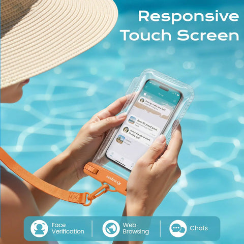 Person using IPX8 Waterproof Phone Pouch 2 Pack With Lanyard For Beach Day Travel And Cruise 8.5 Inch Dry Bag Case near poolside.