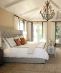 Bedroom with a chandelier lit by 60W Equivalent Clear Soft White Dimmable LED Light Bulb B11 E12 Candelabra Base 500 Lumens 2700K.