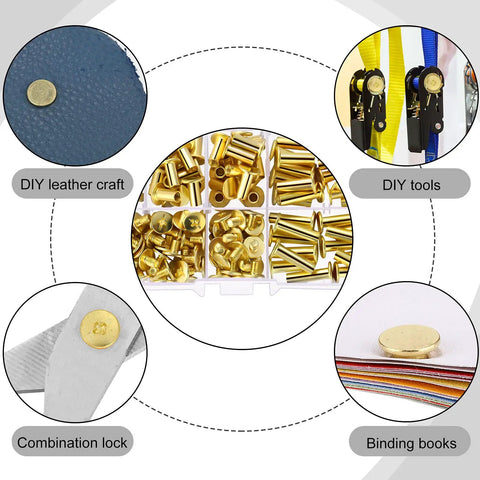 80 Sets Chicago Screw Leather Kit For DIY Crafts with gold finish binding screws in multiple sizes for leatherworking and bookbinding