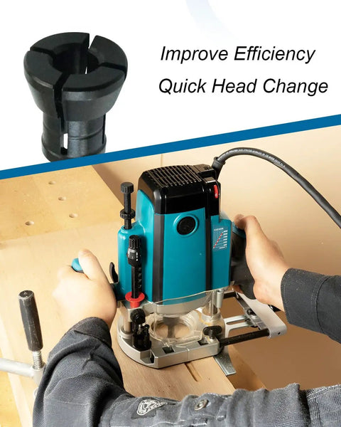 Person using Collet Kit For Drill Chuck Fit For 3621 3621A 3620 RP0900K One And One Quarter HP with router on wood surface