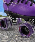 Purple skate showing Twister Roller Skates Wheels Pack Of 8 In 95A Urethane 62mm By 42mm Size For Smooth Sliding And Durable Ride