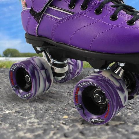 Purple skate showing Twister Roller Skates Wheels Pack Of 8 In 95A Urethane 62mm By 42mm Size For Smooth Sliding And Durable Ride