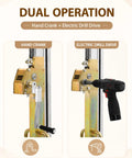 Heavy Duty Portable Mobile Lifting Stacker Tool That Lets You Boss Cabinets Into Place With Ease For Epic Home Makeovers And Serious Workshop Jobs Today showing hand crank and electric drill drive features.