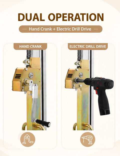 Heavy Duty Portable Mobile Lifting Stacker Tool That Lets You Boss Cabinets Into Place With Ease For Epic Home Makeovers And Serious Workshop Jobs Today showing hand crank and electric drill drive features.