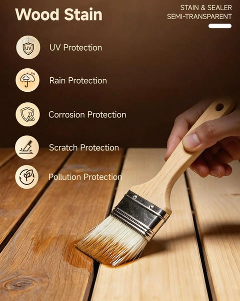 Dark Oak Water Based Wood Stain And Sealer In One with brush applying finish to wood for protection against daily scuffs.