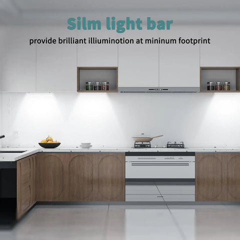 Brightly lit modern kitchen with dimmable LED under cabinet lighting, focus on cabinetry and countertop setup, cool white illumination.