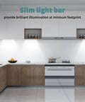 Kitchen with dimmable under cabinet LED lights, 6 pack 12 inch linkable bar lights, cold white 5000K, no glare, easy install