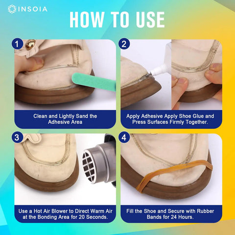 Instructions for using Heavy Duty Shoe Glue Repair Kit With 15ML X2 Adhesives, showing step-by-step shoe repair process.