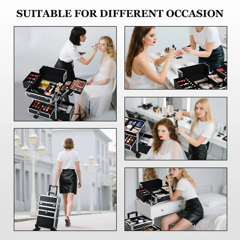 Rolling Makeup Case With Drawers For Tattoos And Nail Techs On The Go Tattoo Travel Cart Cosmetology Barber Tools Organizer Portable Suitcase with detachable top case in use during makeup and styling sessions.
