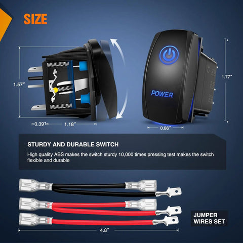 Beefy Blue 5 Pin LED Rocker Switch SPST On Off 20A 12V 10A 24V with jumper wires shown with dimensions and power symbol