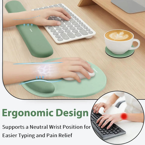 Ergonomic 3 In 1 Gel Memory Foam Keyboard Wrist Rest And Mouse Pad Set For Gaming And Office in sage green on desk setup.