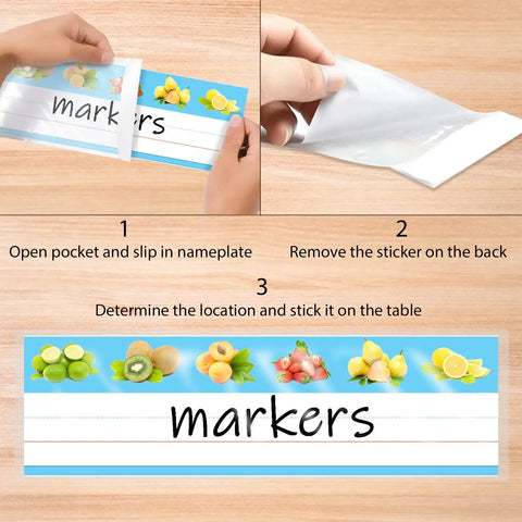 Steps to use 40 Pack Clear Self-Adhesive Desk Nameplate Pockets, 10.3 x 3.15 Inches, 7mil Thick, Holds 9.5 x 2.8 Inch Nameplates