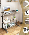 Hella Sturdy Adjustable Standing Desk On Smooth Lockable Wheels, Super Slick Rolling Laptop Station With Storage Shelves, Easy Setup Grey Oak Home Office Daily Driver with laptop and storage shelves.