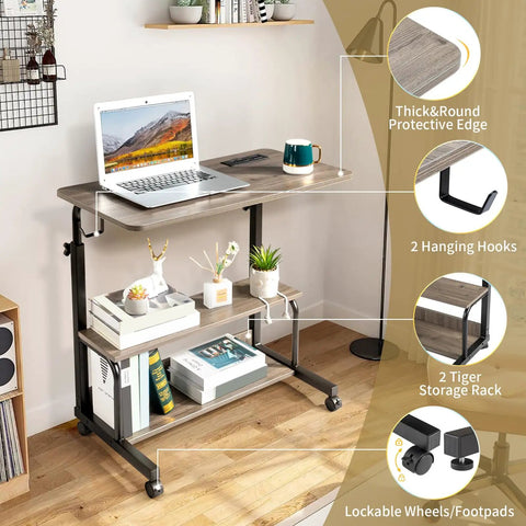 Hella Sturdy Adjustable Standing Desk On Smooth Lockable Wheels, Super Slick Rolling Laptop Station With Storage Shelves, Easy Setup Grey Oak Home Office Daily Driver with laptop and storage shelves.