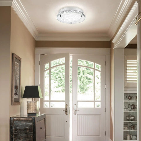 Crystal Flush Mount Ceiling Light With K9 Crystals, Dimmable 18W LED, 11 Inch Modern Fixture for foyer with sleek design.
