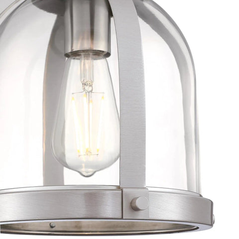 Close up of Retro Vibe One Light Indoor Mini Pendant Light with hand blown clear glass shade and brushed nickel finish.