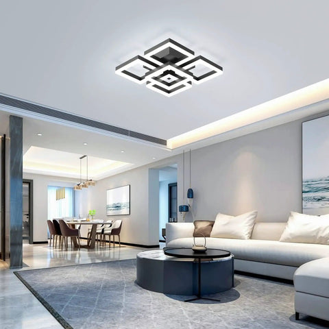 64W Dimmable Black 5 Square LED Ceiling Light With Remote Control Flush Mount Chandelier in modern living room setting