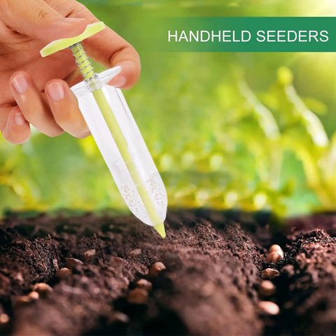 Hand applying Go To Seed Spreader And Sowing Tool For Gardeners With Ergonomic Design Reusable Seeder to soil