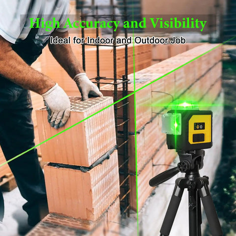 12 Line 3D Laser Level With 360 Degree Green Cross Lines For Picture Hanging And Construction in use on brick wall