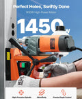 VEVOR magnetic drill press on metal surface; orange motor housing, black handles, operator gripping handle