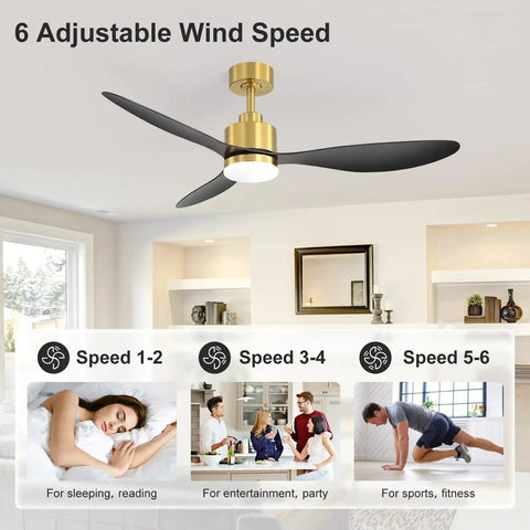 52 Inch Ceiling Fan With Lights And Remote Quiet Dc Motor 3 Reversible Blades Dope Modern Gold And Black Finish in a living room