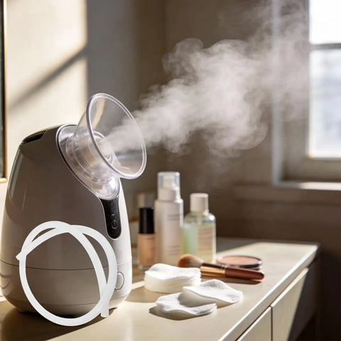 Silicone Steam Hose For Home Sauna, 39 Inch Flexible Steamer Tube shown next to steaming facial device on countertop