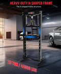 Heavy Hitter 20 Ton Hydraulic Shop Press With Stamping Plates Durable Carbon Steel H Frame garage press in a workshop.