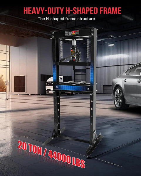 Heavy Hitter 20 Ton Hydraulic Shop Press With Stamping Plates Durable Carbon Steel H Frame garage press in a workshop.