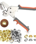 Three Eighth Inch Grommet Tool Kit Pro Grade Heavy Duty Handheld Pliers Set With 500 Eyelets and rubber grip, gold and silver grommets
