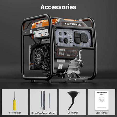 4400 Watt Gas Powered Portable Generator For Home Backup Open Frame Inverter With RV Ready 30A Outlet Eco Mode, accessories shown.