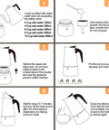 Instructional infographic showing steps to use Stainless Steel 12 Cup Moka Pot Espresso Maker For Stovetop Brews Like A Boss Italian Classic Style Cafetera Coffee Pot 600ml Portable For Camping Travel And Home Use.