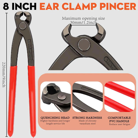 8 inch ear clamp pincer with red PVC handle and chrome vanadium steel, part of Single Ear Hose Clamp Kit With Crimping Pliers, 5.3-36.1mm 304 Stainless Steel Oetiker Style Clamps.