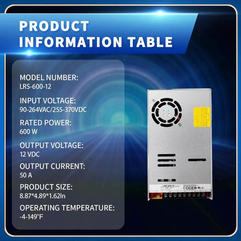600W 12V 50A Enclosed Power Supply, 1U Low Profile Space Saving Design, Wide Input 90-264VAC or 255-370VDC, Switchable For 115/230VAC, Rack Friendly Power For Tight Control Cabinets And Industrial Racks, silver metal enclosure