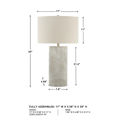 30 Inch Contemporary Ceramic Table Lamp With Dope Brown Ivory Resin Base And Ivory Whitewash Finish, dimensions shown