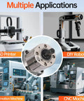 Collage showing geared Nema 14 stepper motor with planetary gearbox and its applications in 3D printers, CNC, DIY robots, and automation.