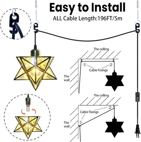 Lit Gold Ceiling Pendant Light With Star Design, Vintage Hanging Lamp installation diagram with plug in cord and switch details