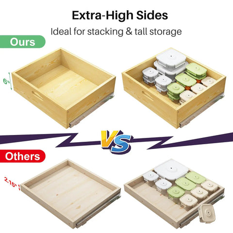 Comparison of Solid Pull Out Cabinet Organizer Featuring Soft Close Slide Drawers And Real Wood Build for kitchen pantry storage.