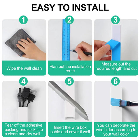 Installation steps for Six Pack White Cord Covers For Wall Cables Self Adhesive TV Wire Management, 14.2 Inch Long Per Cover.