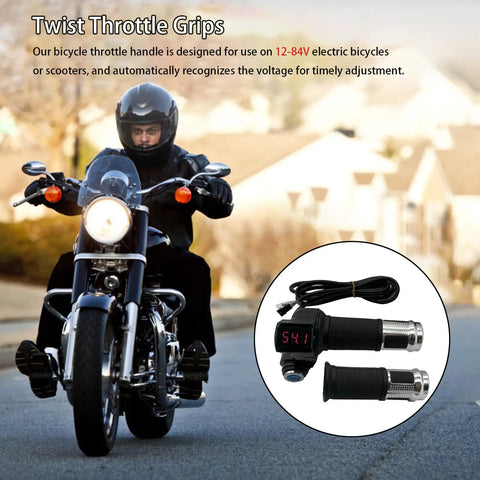 Motorcyclist using pair of universal electric bike throttle grips with key full twist handlebar with LCD battery voltage display