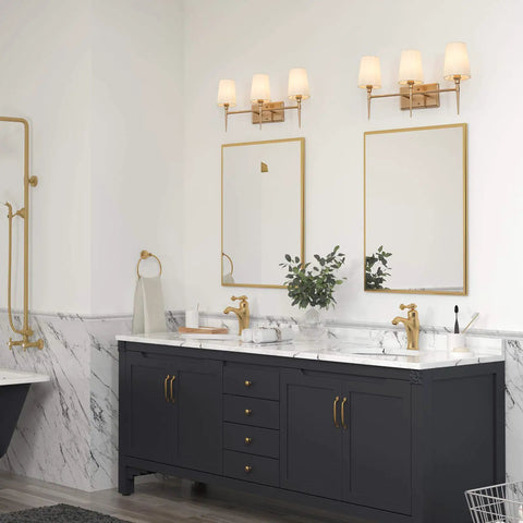 Three Light Gold Vanity Light Fixture With White Fabric Shade For Modern Bathroom, 23 Inch Length, 6.5 Inch Width, 12 Inch Height
