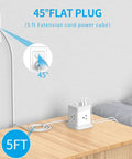 Super Slick Bedside Cube With Four AC Outlets And Three USB Ports ETL Certified Charging Station Power Strip on wooden table with 5ft flat plug.