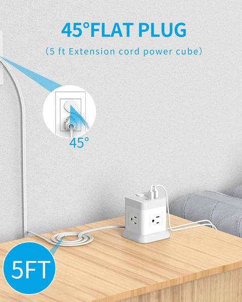 Super Slick Bedside Cube With Four AC Outlets And Three USB Ports ETL Certified Charging Station Power Strip on wooden table with 5ft flat plug.