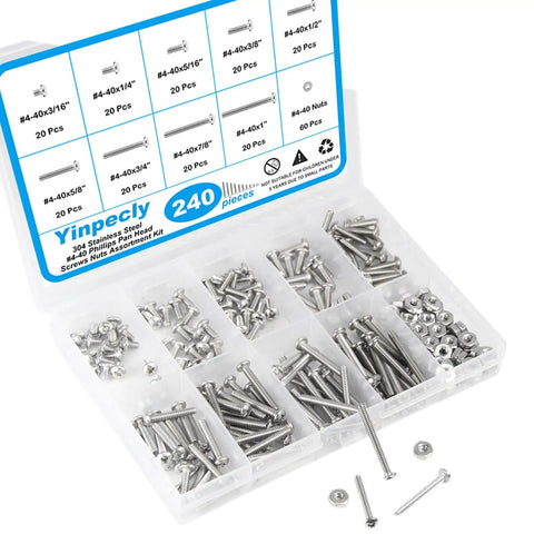 240 Pieces 4-40 Phillips Pan Head Machine Screws Nuts And Washers Assortment Kit in storage box, 304 stainless steel