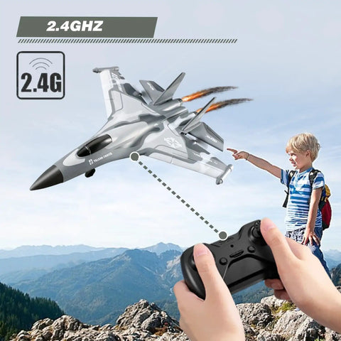 No Sweat Easy To Fly 2.4GHz RC Plane With 4 Channel Control And 6 Axis Gyro Stabilization in flight with controller view